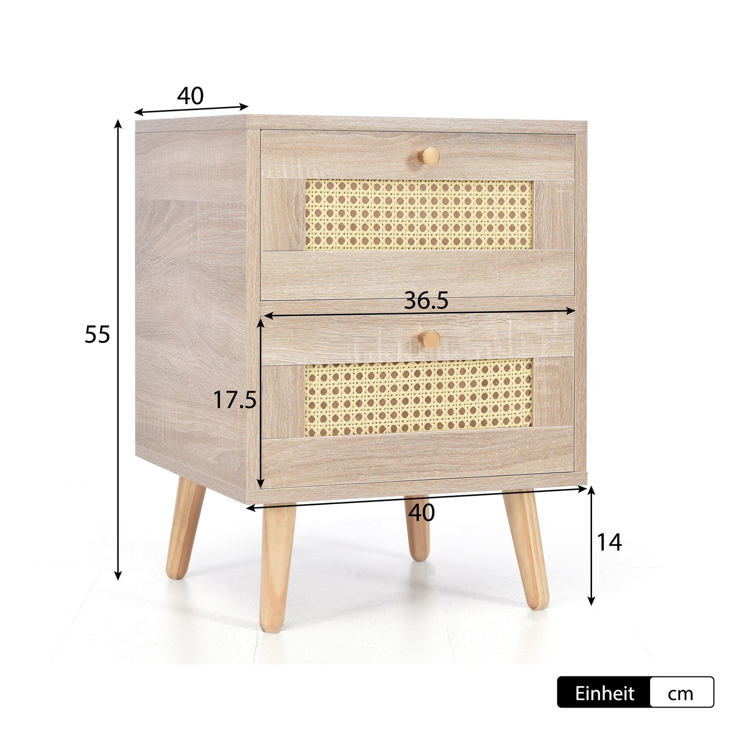 Bedside Table Nightstand Side Table with 2 Drawers Oak Rattan Rattan Drawer Fronts Sofa Table Bedroom Furniture H55/W40/D40CM