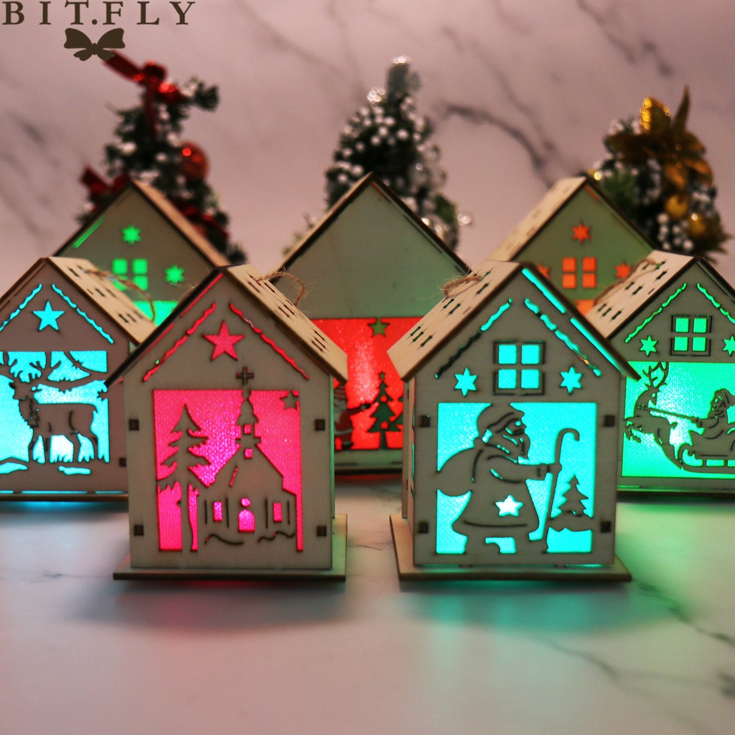 BIT.FLY New Year Christmas Decorations For Home Luminous Noel 2022 Santa Elk Snowman Wood House Christmas Tree Pendant Ornaments