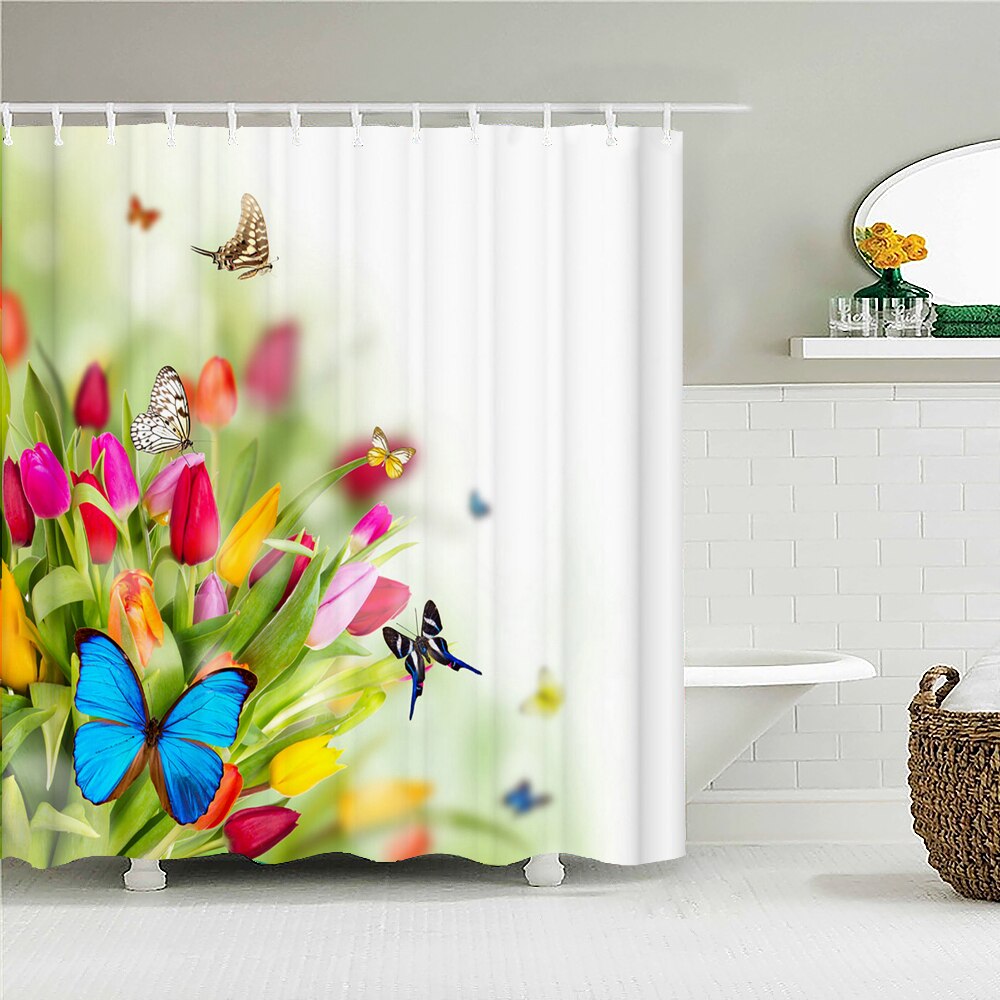 Colorful Butterfly Feathers 3d Nature Flower Plant Shower Curtains Bathroom Curtain Waterproof Polyester Cloth Decoration Screen