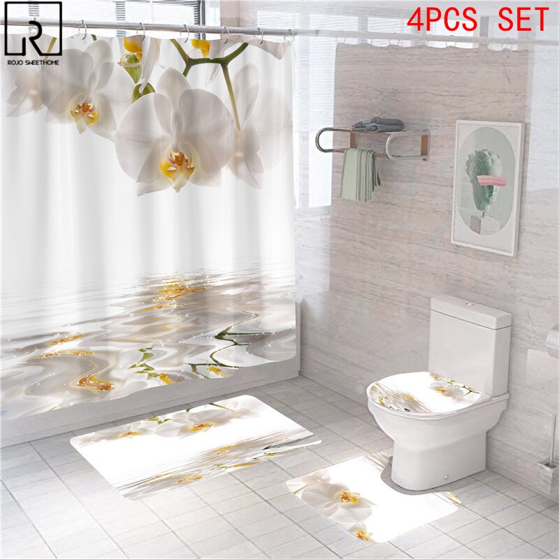 Elegant Flower Print Shower Curtain Set Waterproof Bathtub Screen Soft Bath Mats Carpets Rugs Bathroom Accessories Home Decor