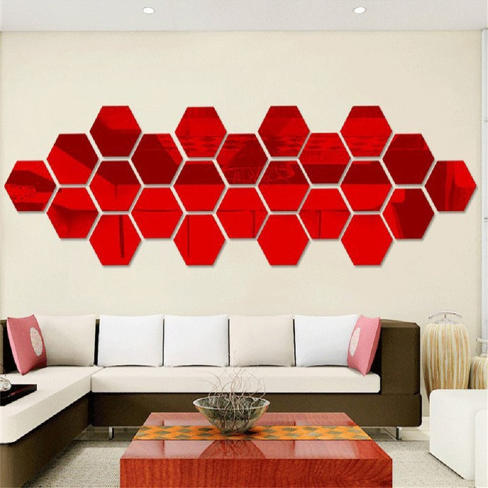 12pcs Acrylic 3D Mirror Wall Sticker Hexagon DIY Mural Removable Living-Room Decal Art Ornaments For Home Bedroom Decoration