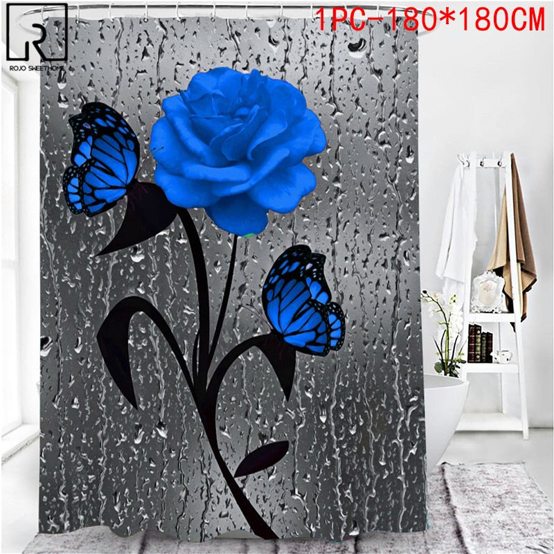 5 Colors Rose Print 3D Shower Curtain Waterproof Polyester Bathroom Curtain Anti-slip Bath Mat Set Toilet Rugs Carpet Home Decor