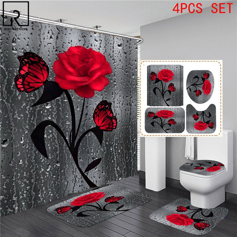 5 Colors Rose Print 3D Shower Curtain Waterproof Polyester Bathroom Curtain Anti-slip Bath Mat Set Toilet Rugs Carpet Home Decor