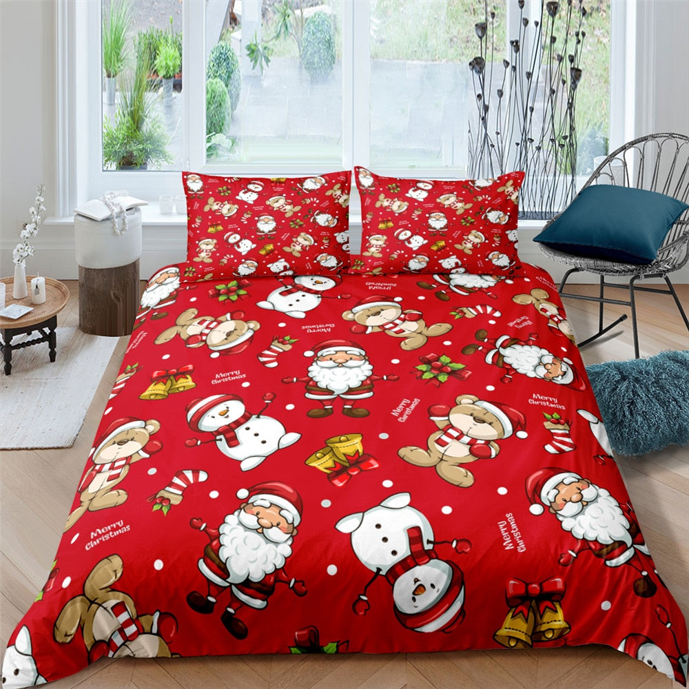 Christmas Bedding Set Twin King Queen Polyester Duvet Cover Set 2/3 Pcs Cartoon Santa Claus Print Pillowcase Bed Cover