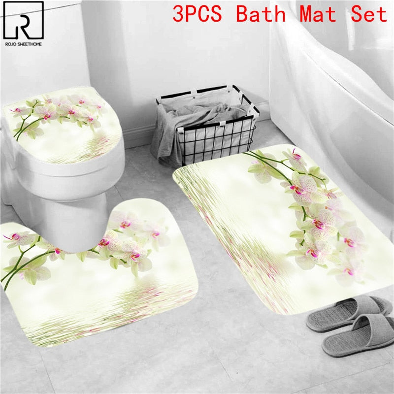 Elegant Flower Print Shower Curtain Set Waterproof Bathtub Screen Soft Bath Mats Carpets Rugs Bathroom Accessories Home Decor