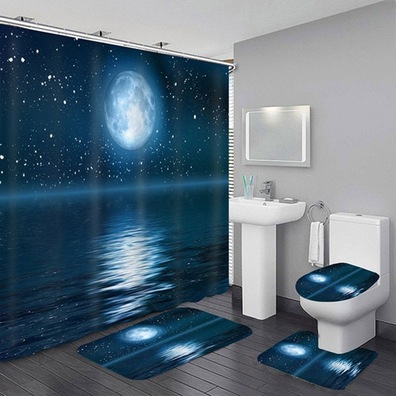 Waterproof Shower Curtain Sets with Rugs Moonlight Sea Scenery Bath Rug and Mats with Hooks Toilet Seat Cover Bathroom Decor