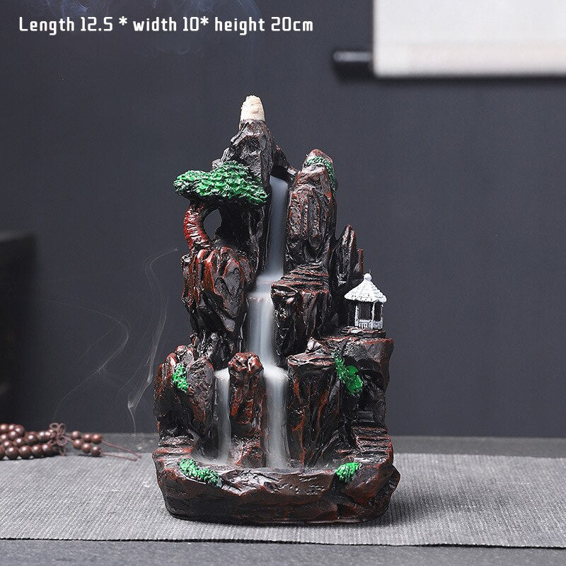 Mountains River Waterfall Incense Burner Fountain Backflow Aroma Smoke Censer Holder Office Home Unique Crafts+100 Incense Cones