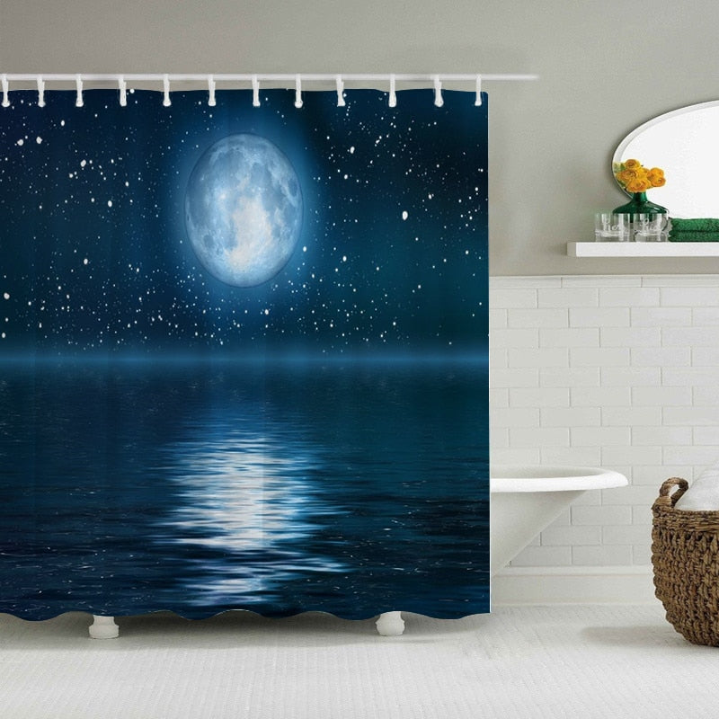 Waterproof Shower Curtain Sets with Rugs Moonlight Sea Scenery Bath Rug and Mats with Hooks Toilet Seat Cover Bathroom Decor