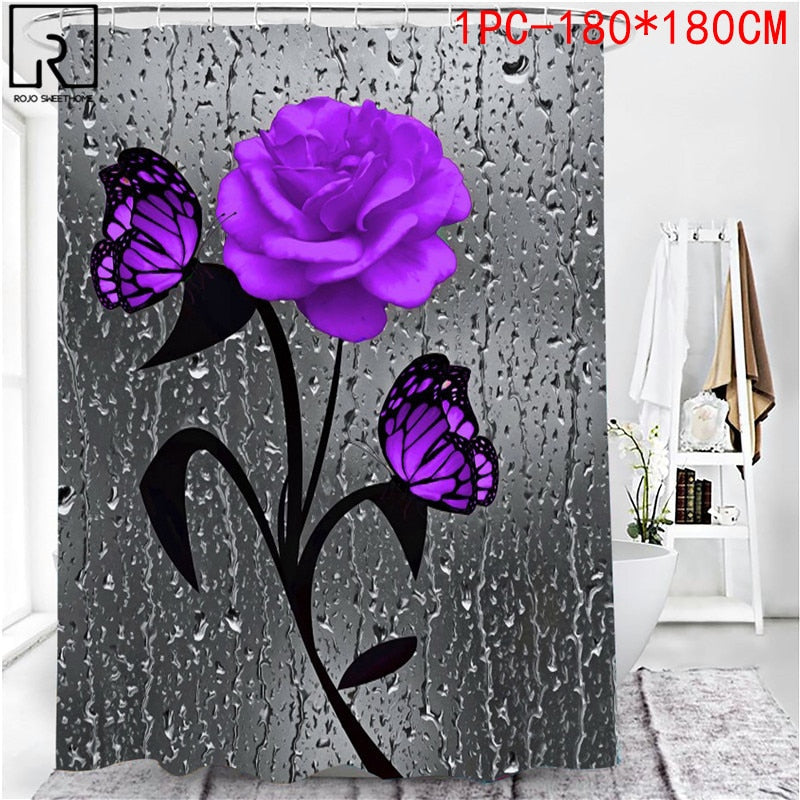 5 Colors Rose Print 3D Shower Curtain Waterproof Polyester Bathroom Curtain Anti-slip Bath Mat Set Toilet Rugs Carpet Home Decor