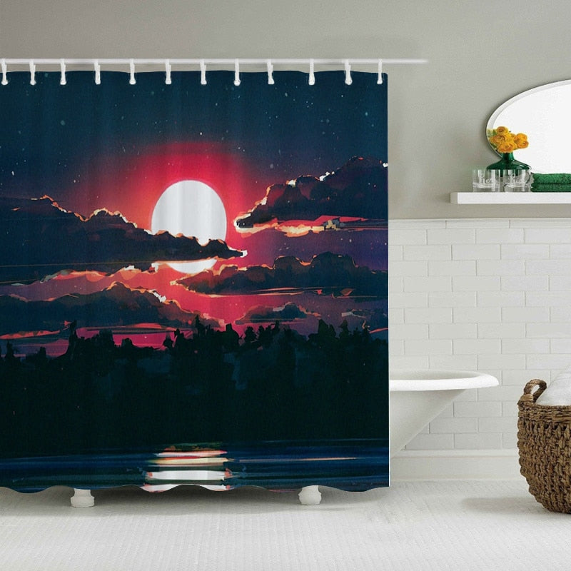 Waterproof Shower Curtain Sets with Rugs Moonlight Sea Scenery Bath Rug and Mats with Hooks Toilet Seat Cover Bathroom Decor