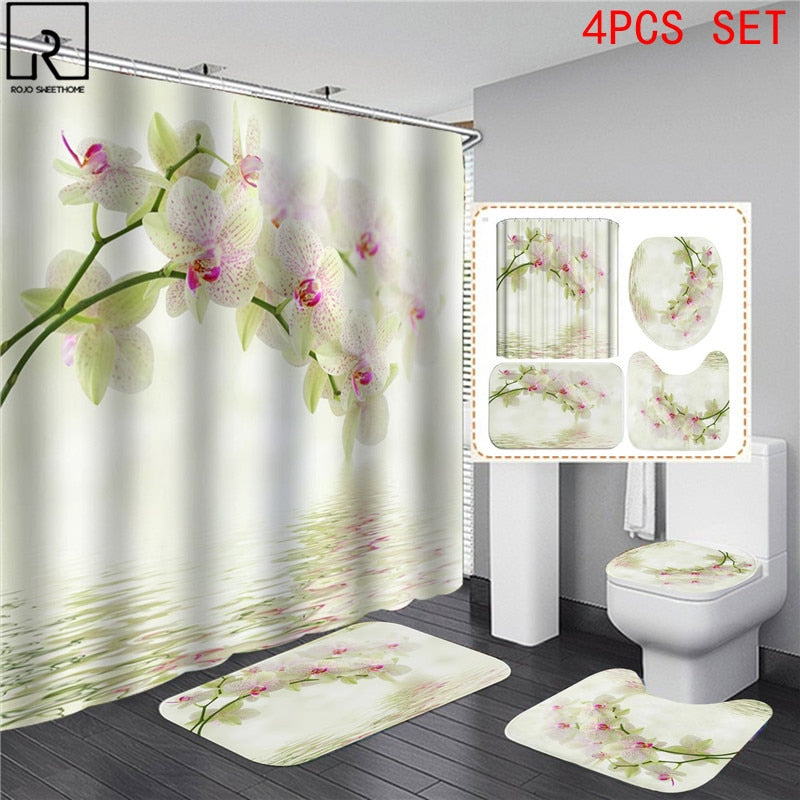 Elegant Flower Print Shower Curtain Set Waterproof Bathtub Screen Soft Bath Mats Carpets Rugs Bathroom Accessories Home Decor