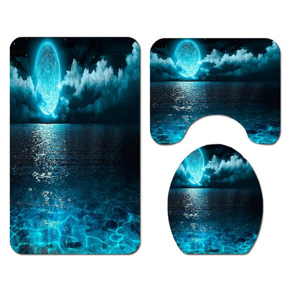 Waterproof Shower Curtain Sets with Rugs Moonlight Sea Scenery Bath Rug and Mats with Hooks Toilet Seat Cover Bathroom Decor