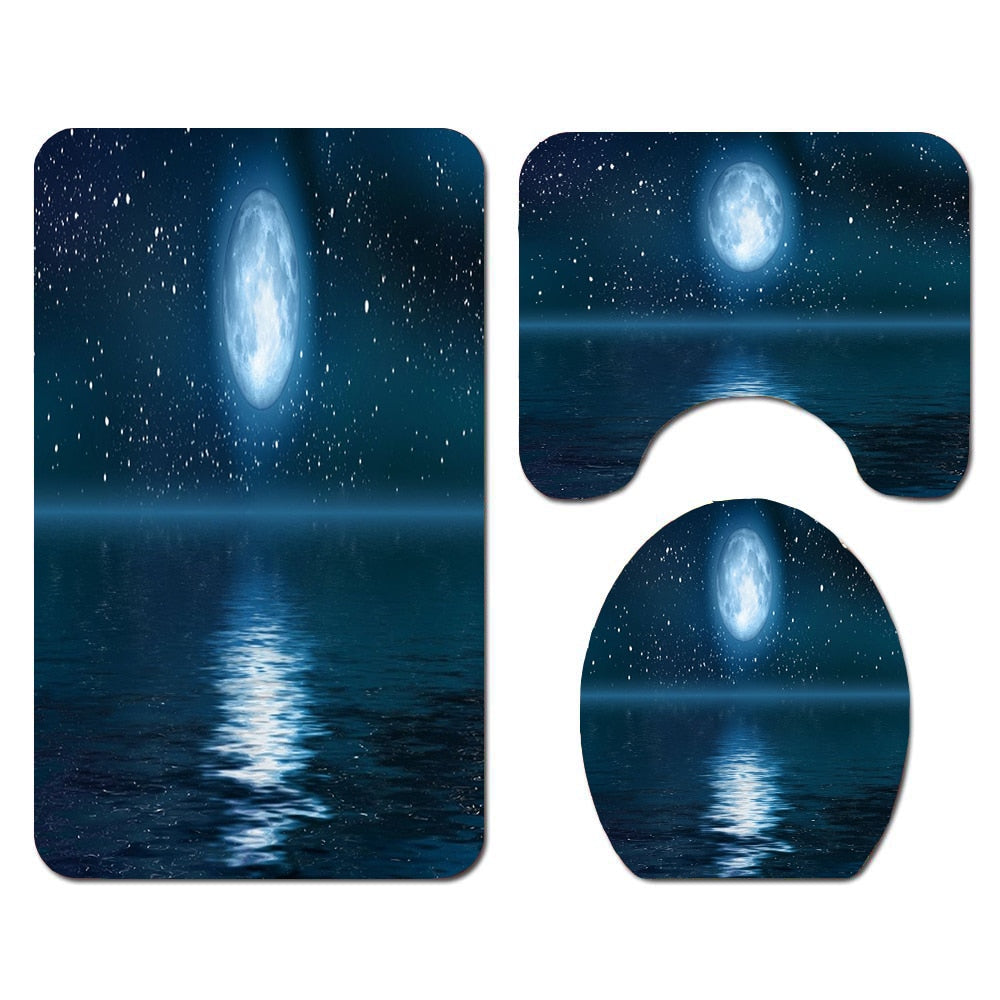 Waterproof Shower Curtain Sets with Rugs Moonlight Sea Scenery Bath Rug and Mats with Hooks Toilet Seat Cover Bathroom Decor