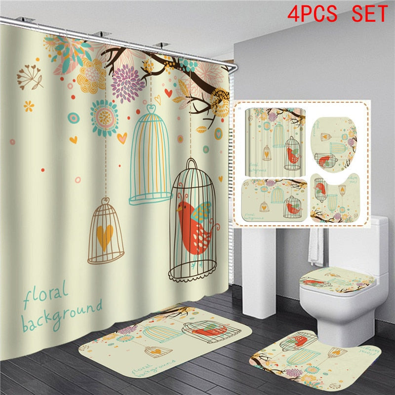 Pink Big Flowers Printed Shower Curtain Set with Rug Anti-slip Carpet Bathtub Toilet Screen Waterproof Bathroom Decor with Hooks