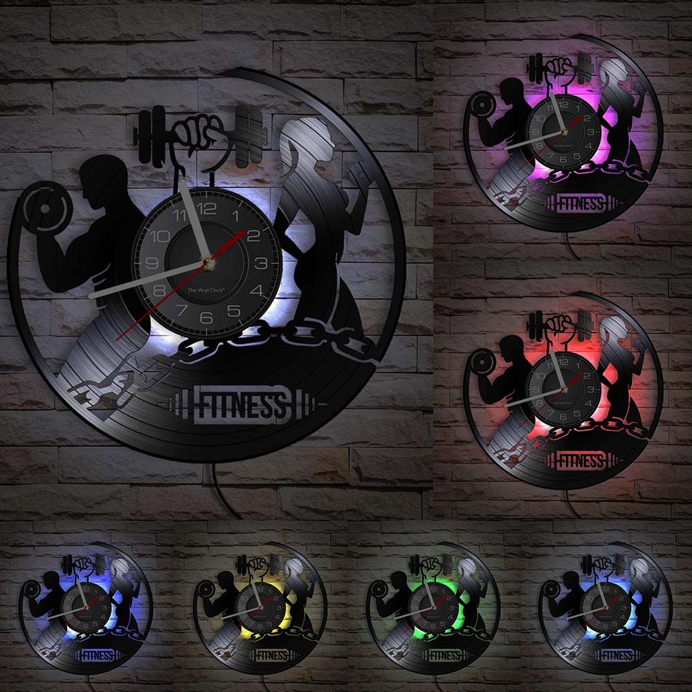 Fitness Gym Silent Quartz Wall Clock Fitness Bodybuild Vinyl Record Wall Clock Watch Sport Room Wall Decor Sign Sportsman Gift