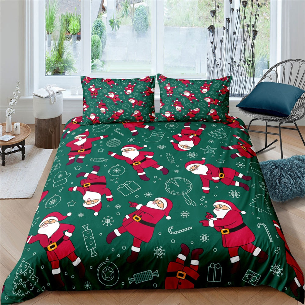 Christmas Bedding Set Twin King Queen Polyester Duvet Cover Set 2/3 Pcs Cartoon Santa Claus Print Pillowcase Bed Cover