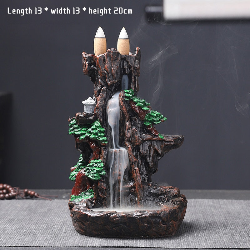 Mountains River Waterfall Incense Burner Fountain Backflow Aroma Smoke Censer Holder Office Home Unique Crafts+100 Incense Cones