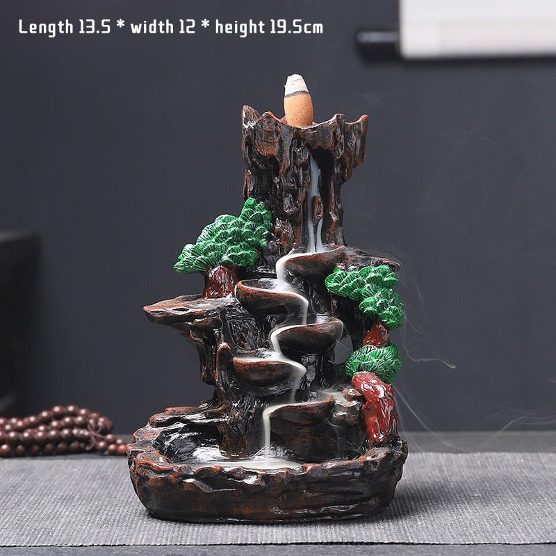 Mountains River Waterfall Incense Burner Fountain Backflow Aroma Smoke Censer Holder Office Home Unique Crafts+100 Incense Cones