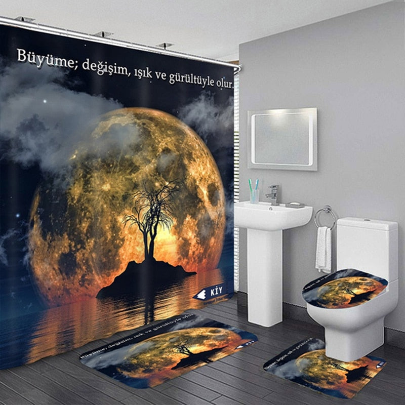 Waterproof Shower Curtain Sets with Rugs Moonlight Sea Scenery Bath Rug and Mats with Hooks Toilet Seat Cover Bathroom Decor