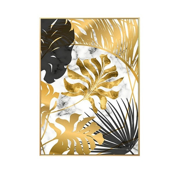 Black Gold Leaves Art Canvas Painting for Home Decor - Mel Patel