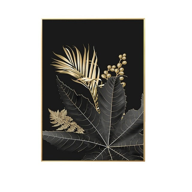 Black Gold Leaves Art Canvas Painting for Home Decor - Mel Patel